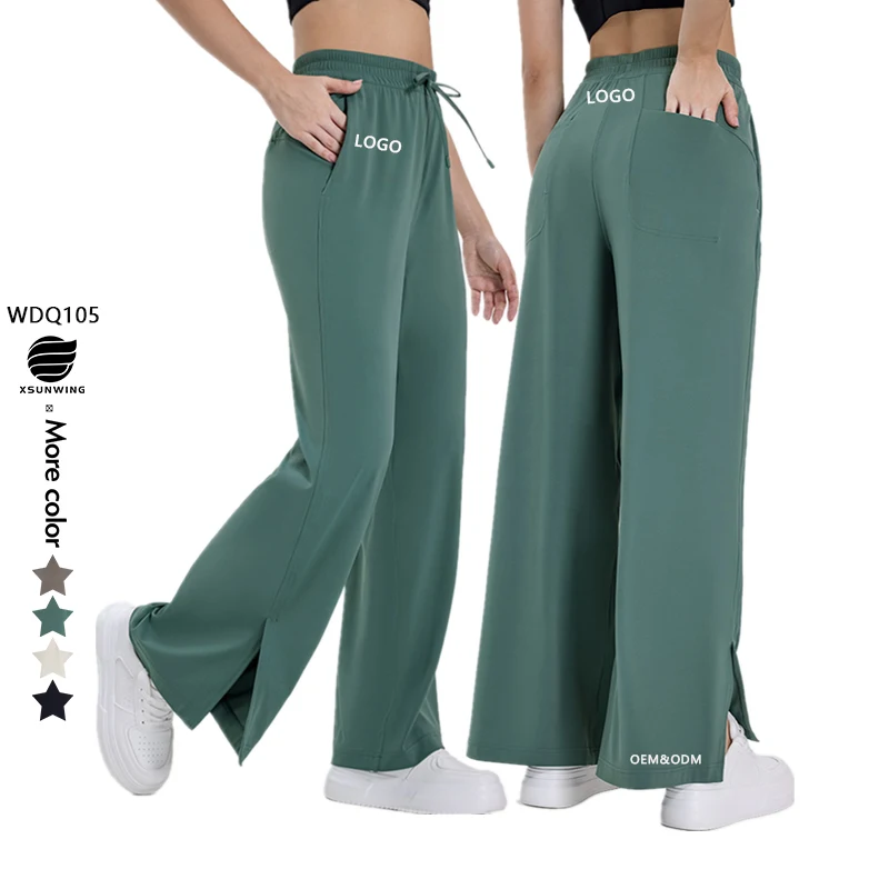 Xsunwing Wide Leg Pants Yoga Flare trousers Dance High Waist Casual Sweatpants Women Workout Clothing Slit bottoms Pants WDQ105