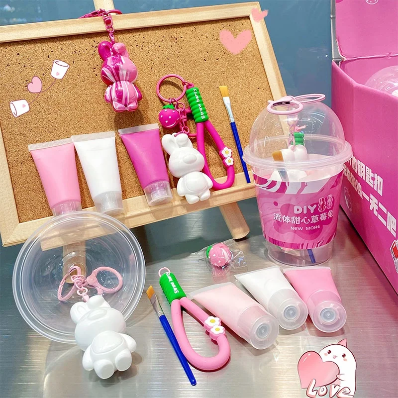 2022 New Popular Cute Strawberry Rabbit Fluid Violence Bear DIY Keychain For Children