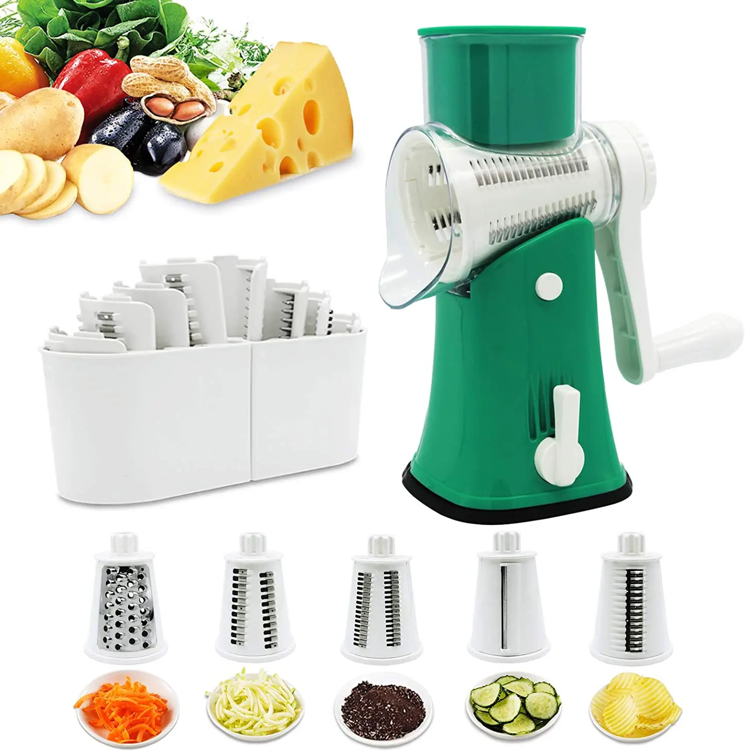 Rotary Cheese GraVegetable Chopper and Cheese Grater 3 Stainless Steel Round Blades - Slices, Chops, Juliennes - Dishwasher Safe