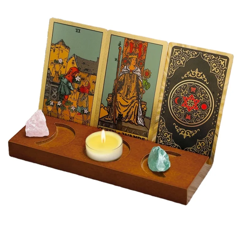 brown wooden Tarot Card Holder, Playing Deck Display Stand For Tarot With Triple Moon Phases Symbol