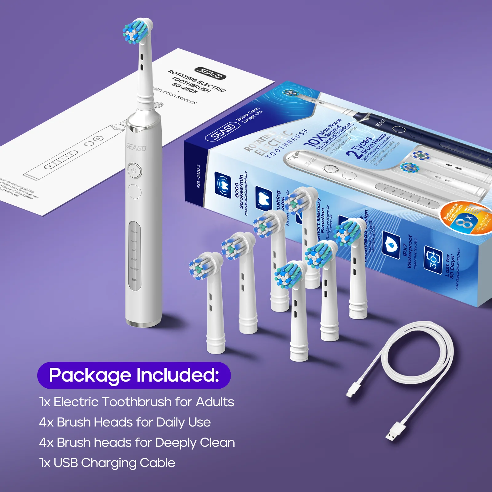 Seago Adult Customized Automatic Type-C Charging Waterproof Multi-function Rotating Electric Toothbrush With 8000 Strokes/Min