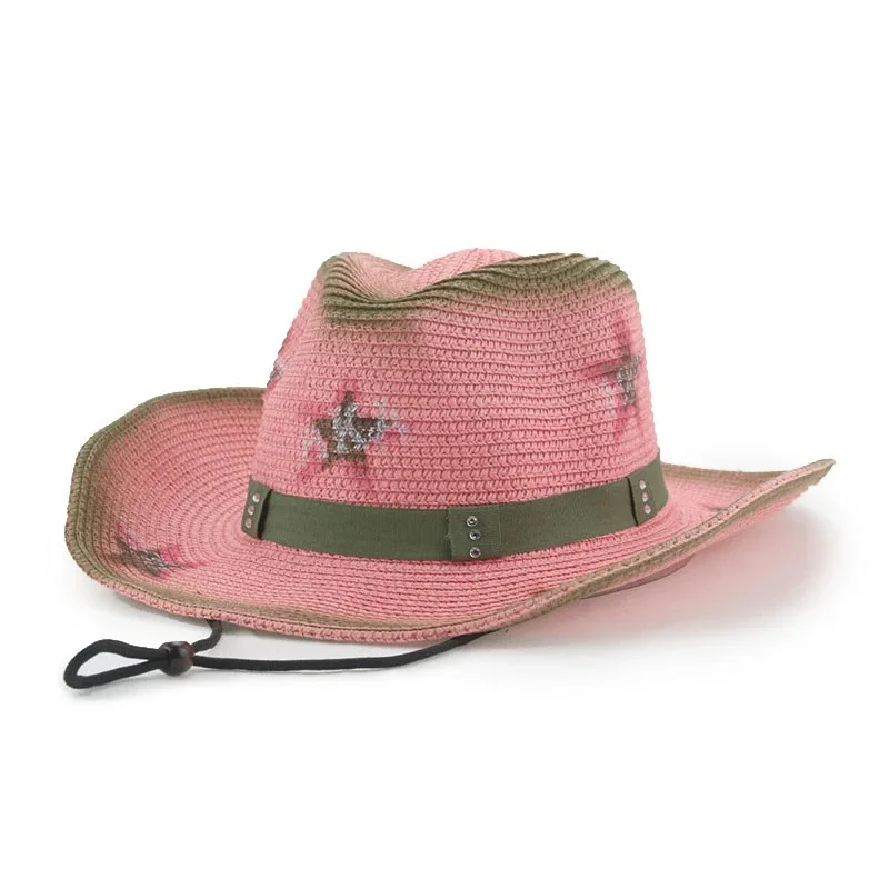 Ethnic Style Pink Straw Hat New Mexican Sombrero Wide Brim Hat Roll Up Beach Sun Straw Hat
