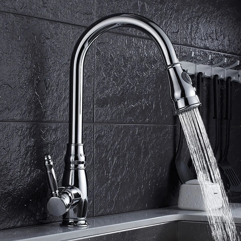 Economic Cheap Faucet Single Handle Pull Down Out Sparyer Flexible Hose Brass Kitchen Sink Water Mixer