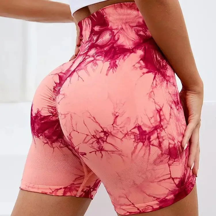 Women New Yoga Shorts Tie Dye Biker Sports Cloth High Waist Seamless Scrunch Butt Legging Gym Fitness Push Up Workout Shorts