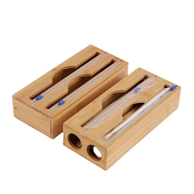 Aluminum Foil and Wax Bamboo Dispenser for Kitchen Storage Organization Holder Roll Natural Wrap Organizer with Cutter