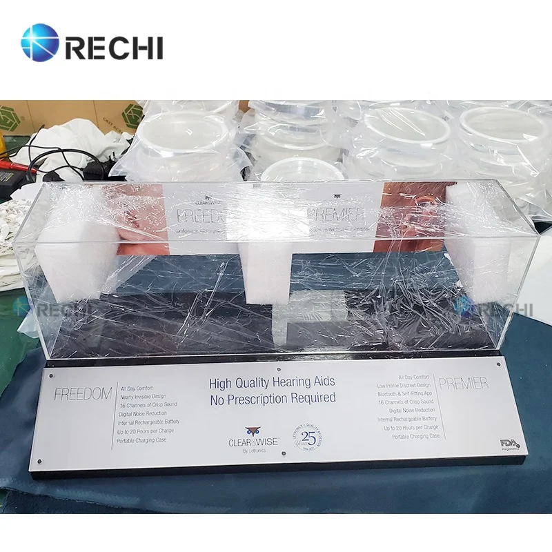RECHI Custom Counter Acrylic Retail Demo POS Display Stand Case For Hearing-Aids Perspex Display Box With Sign for TWS Earphone