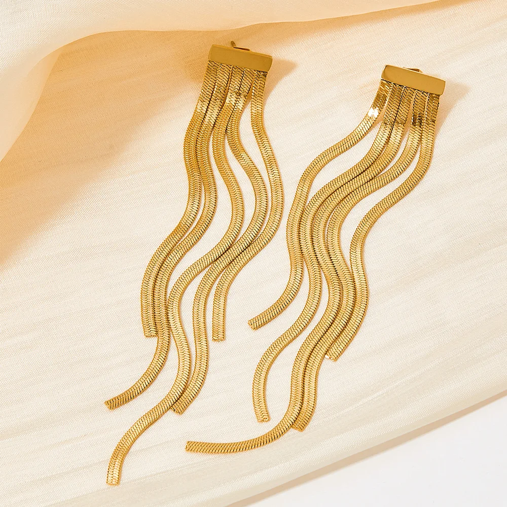 Summer New Fashion Jewelry 18K Gold Plated 316l Stainless Steel Long Tassel Snake Chain Pendant Earrings Girls Ladies Bijoux