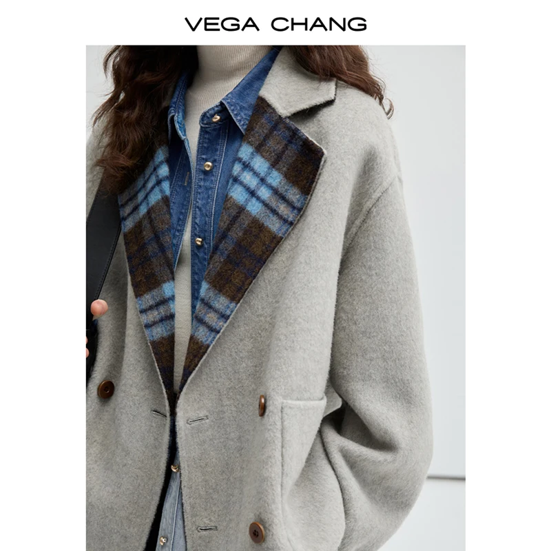 VEGA CHANG Popular Commuting  Design Sheep And Alpaca Wool Double-Faced Wool Tweed Plaid Wool  Coat