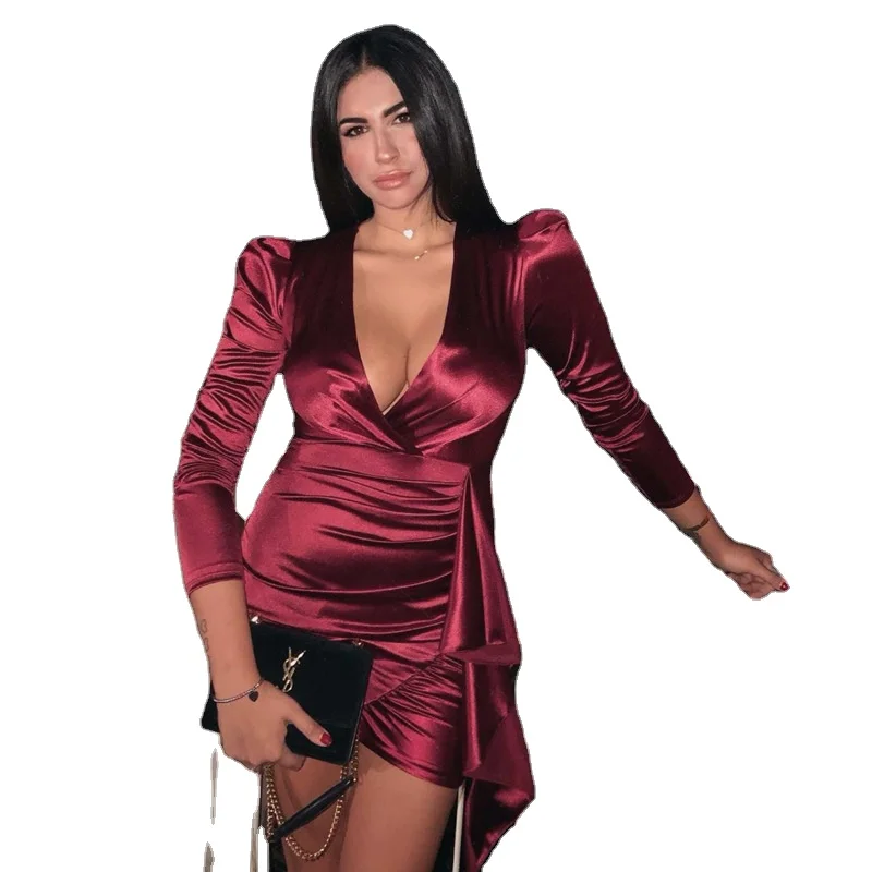 
DR80038 V Neck Sashes Sexy evening dresses Spring Celebrity Pleated Bodycon Dresses prom dresses women 