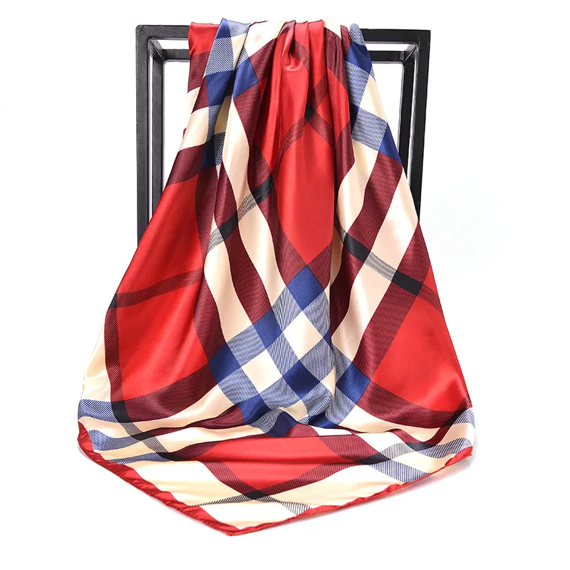 2020 Foreign trade hot plaid printed satin silk scarf 90*90cm large square scarf Malaysia hijab