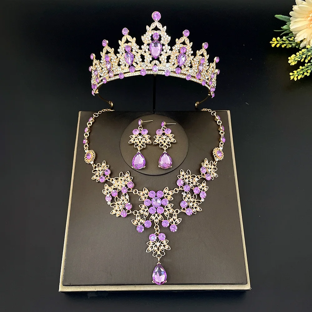 New bride headwear crown three-piece wedding necklace earrings rhinestone set European and American wedding accessories