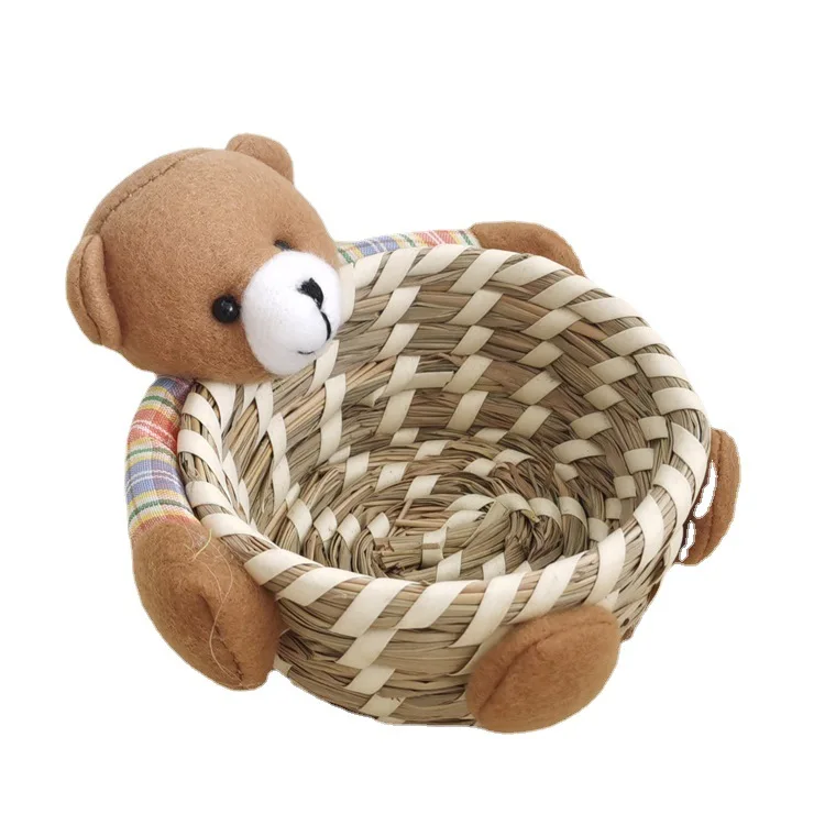 Creative Household straw storage basket rattan Thatched bear hug Basket Cute clutter storage basket set for table decoration