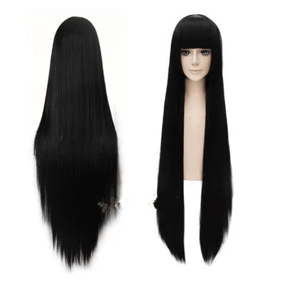 Synthetic 40inches 100cm Cosplay Anime Wig Set Pure Black Long Straight Hair Cos Wig For Men And Women
