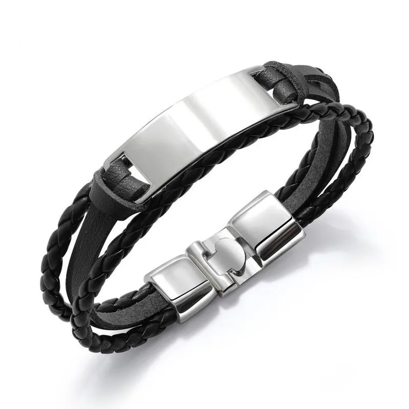 
European Retro Handmade Men Jewelry Multi Layer Buckle Bracelet Stainless Steel Pu Leather Bracelet Bangle 