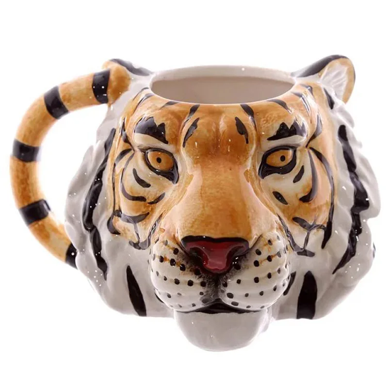 Ceramic Realistic Animal coffee mugs Pet dog lion leopard tiger head mugs with painting water cups wholesales