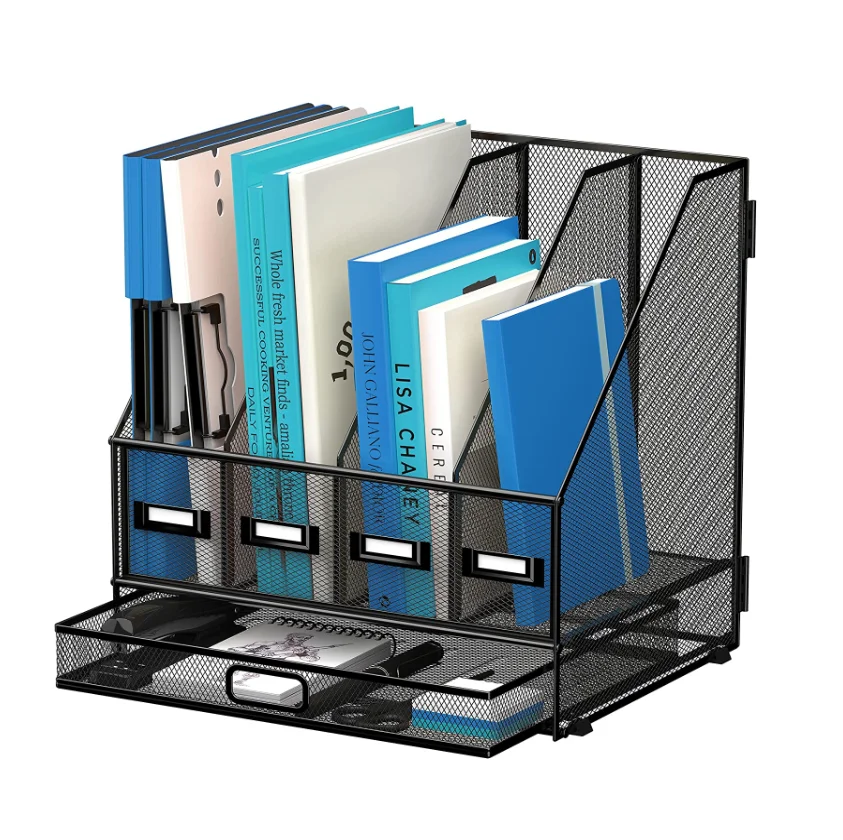 Desk Organizer with Magazine File Holder 4 Vertical File Holder with Drawer Mesh Desktop File Organizer Magazine Rack