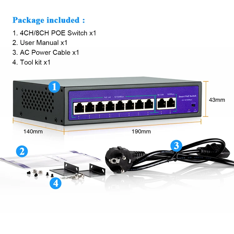  Сетевой POE коммутатор 48 В с 4/8 портами IEEE 802 3 af/at