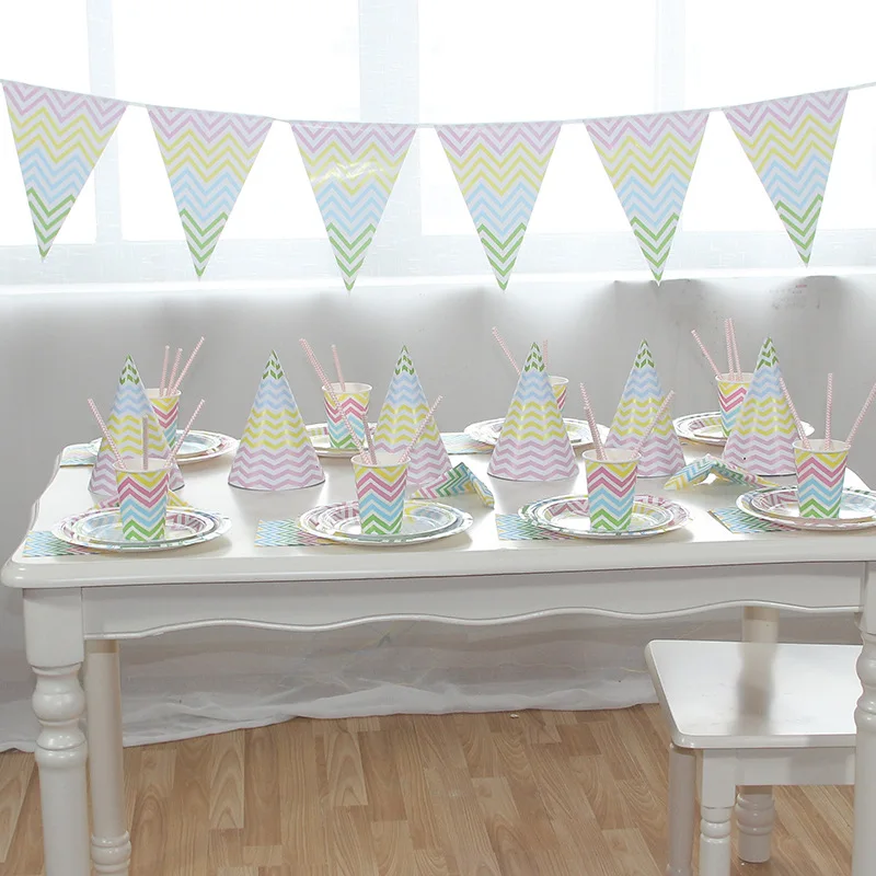 Wholesale Birthday Subject Party Supplies Colorful Paper Plate Cup Napkin Straw Hat BannerTableware Sets In Stock