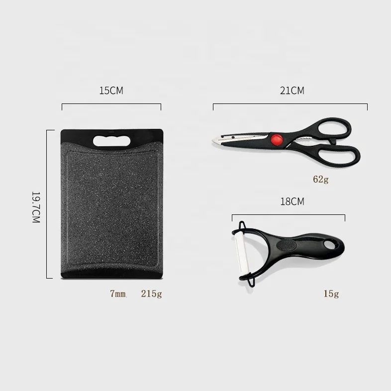 Fashion gift 6pcs stainless steel black kitchen knife set kitchen cooking scissors chef chopping peeler knives