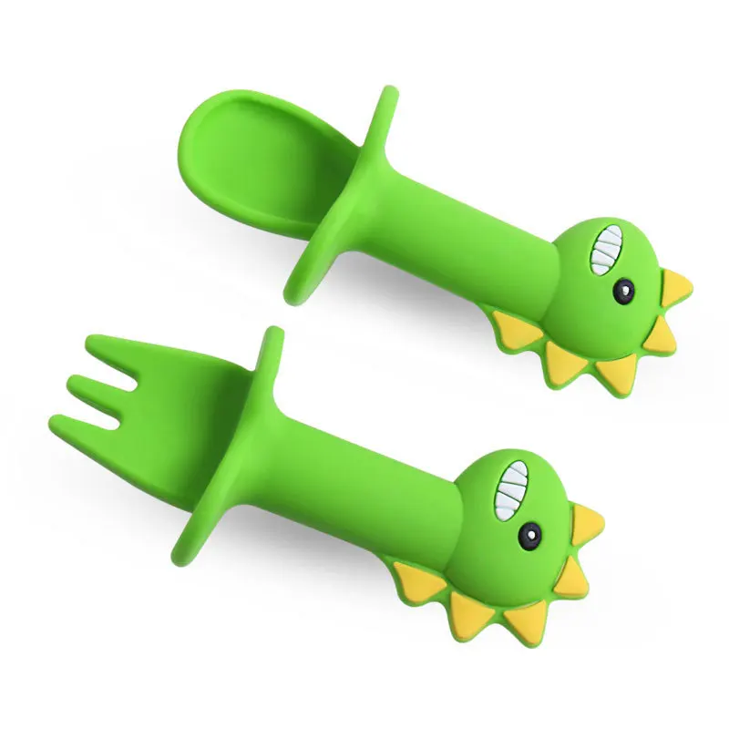 BPA Free Food Grade Dinosaur Animal Fork Spoon Feeding Silicon Plate Baby Set
