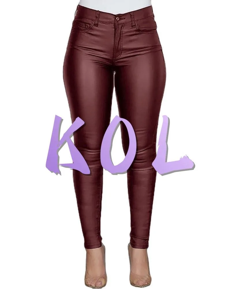 OEM of KOL Factory OEM   Sexy PU leather pants with candy colors Women Skinny pants