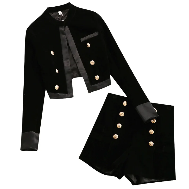 Autumn New Fashion Long Sleeve Gold Velvet Suit Coat Crop Jacket Shorts 2 Piece Set Women Black Outfits Suit