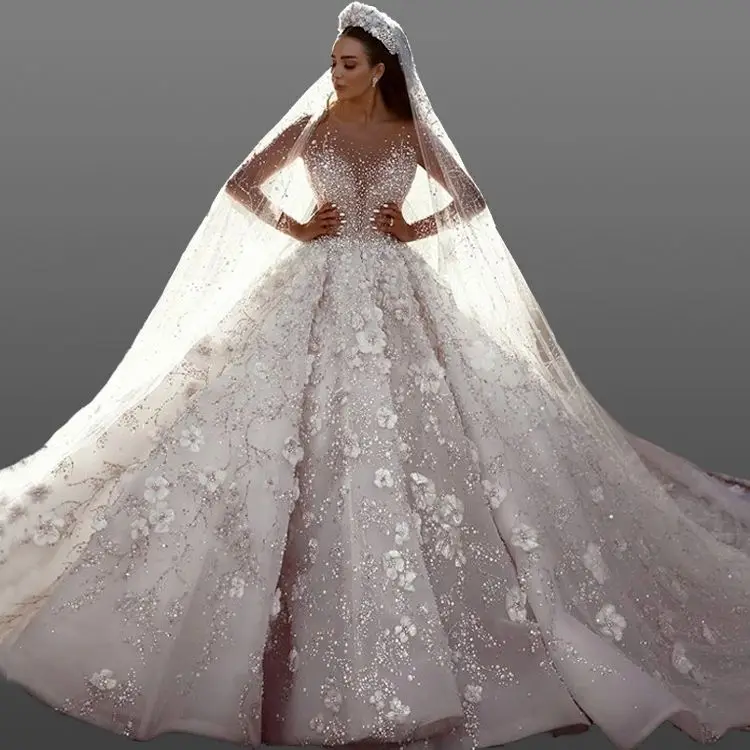 
Brand Ball Gown luxury Bridal dress Robe de mariage Gown Long Sleeve Wedding bridal gown beaded 3D flower with wedding dress 
