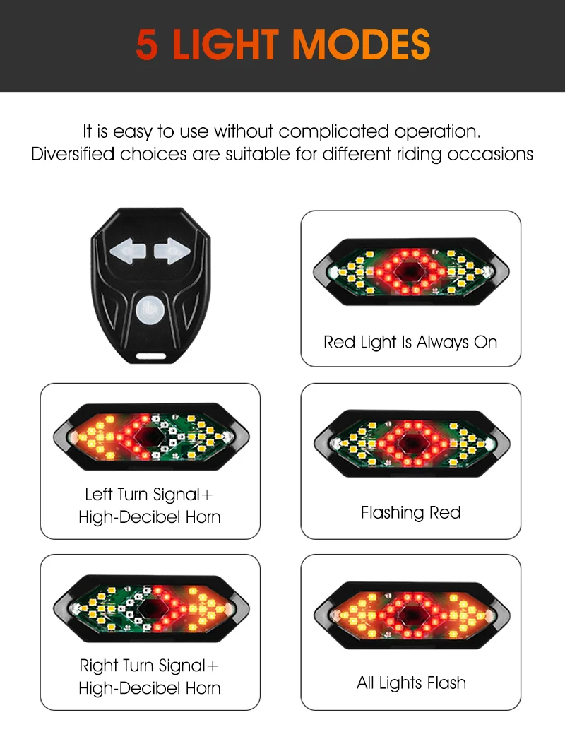 
Remote Control Direction Indicator LED Rear Light With Horn New USB Lamp Cycling Taillight Bike Bicycle Turn Signal Light 