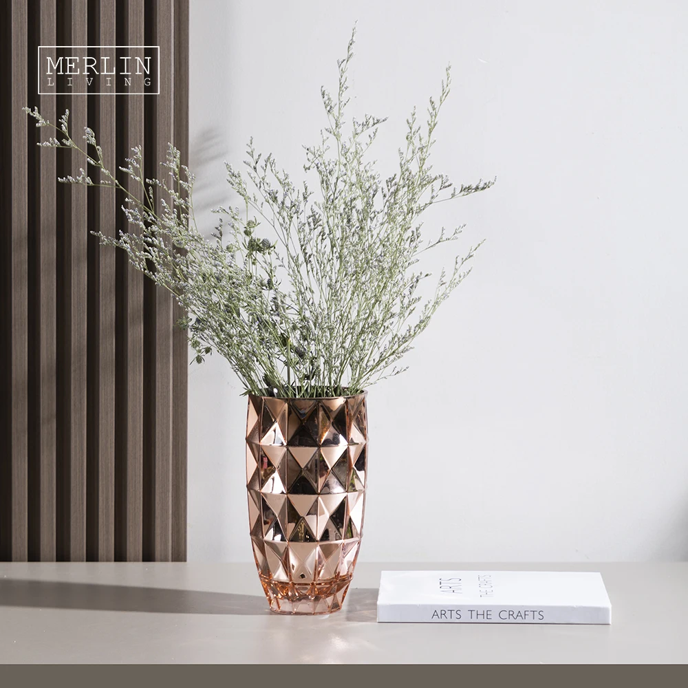 Зеркальная ваза из розового золота Merlin, роскошная стеклянная ваза с ромбовидным узором для цветов, ваза для домашнего декора