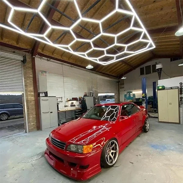 Car workshop led lights auto detailing hanging connectors for hexagon shape grid systems shop office club honeycomb wall light
