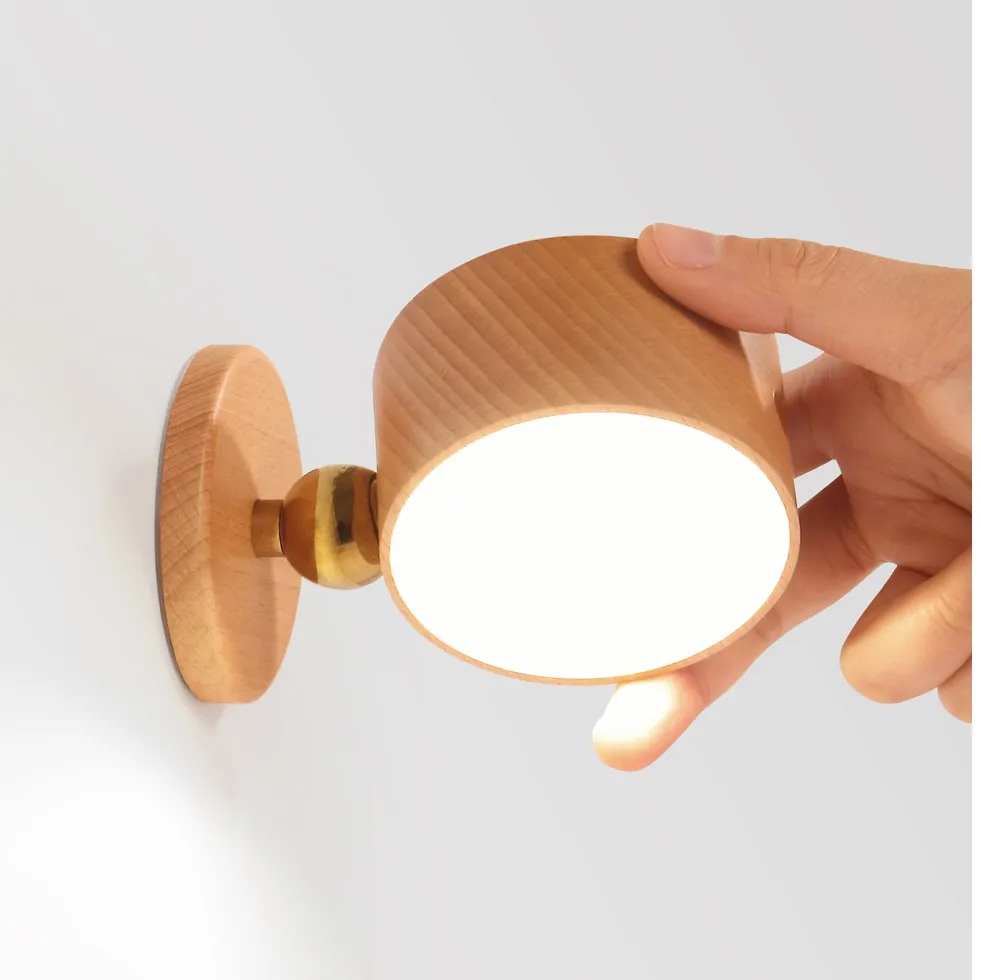 Modern round Wooden Wall Lamp with LED Reading Light 360 Rotation Touch Control Dimmable Rechargeable Power Supply for Bedroom