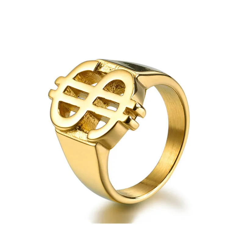 Из нержавеющей стали покрытой 18K Позолоченные Коренастый рок кольцо для мужчин и женщин Знака Доллара