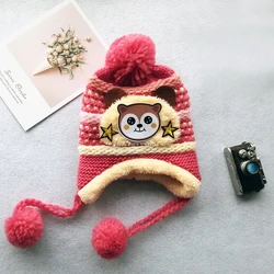 2022 Custom Cheap Baby Winter Hat Children Coral Fleece Lining Pom Pom Warm Beanie 100% Acrylic Unisex Cute Bear Cat Knitted Hat