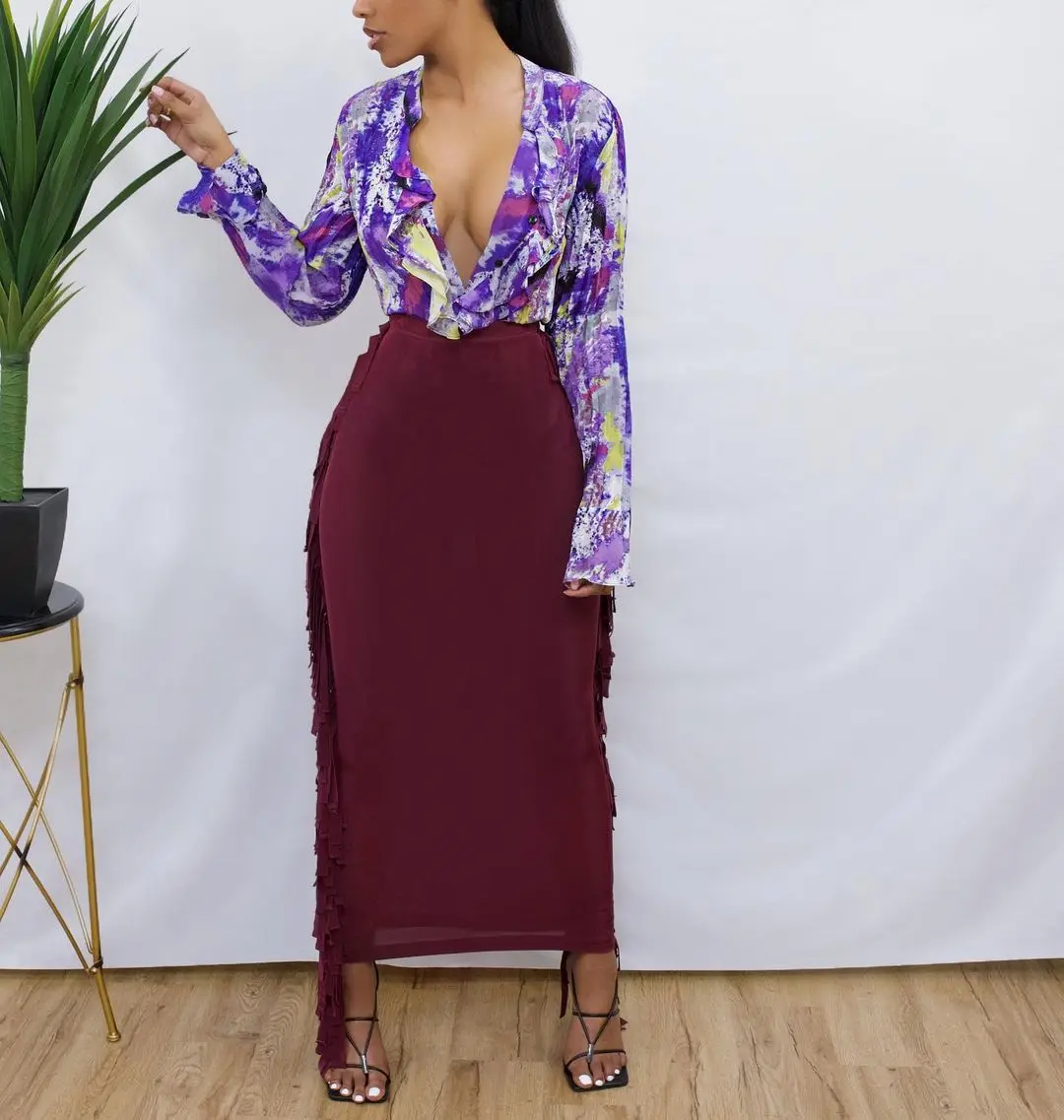 Amazon Горячая продажа HOBISH женская элегантная двухсторонняя юбка средней длины с бахромой