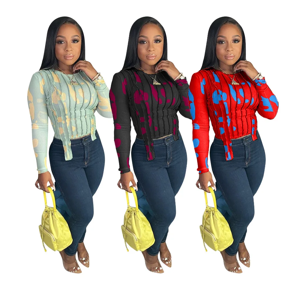  Dvacaman 2021 Trendy Fall Casual Elegant Patchwork Line Tie Dye Long Sleeve O-neck Plus Size Women Print Tops