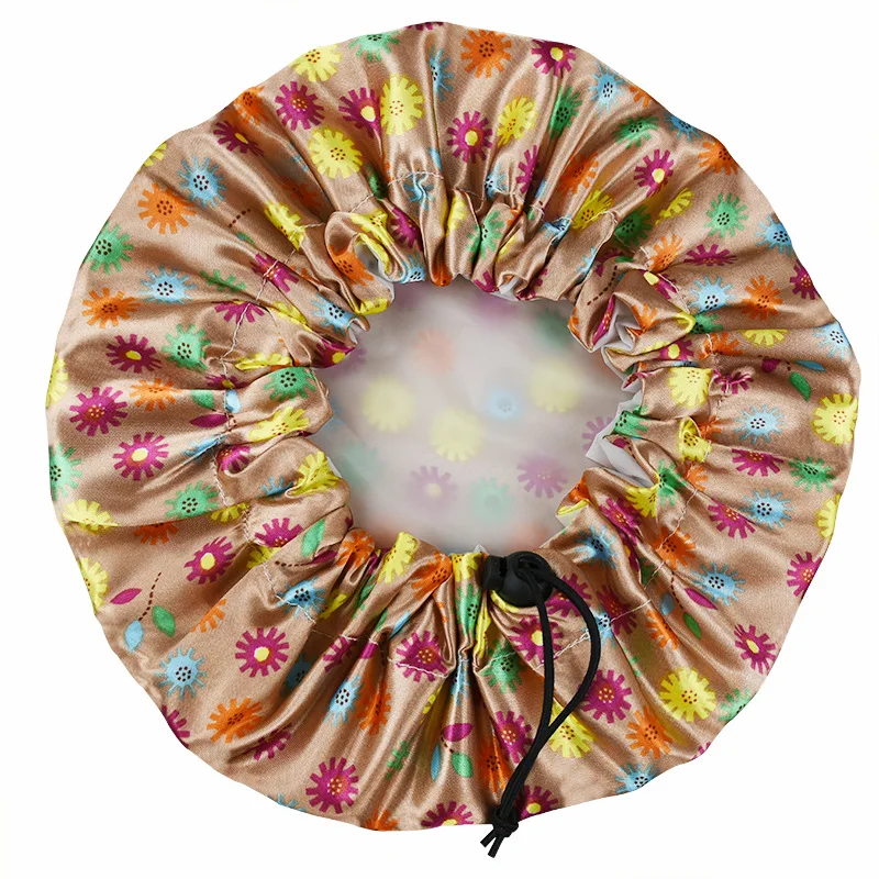 New Double Layers Satin EVA Wholesale Custom Bathing Reusable Bath Cap Long Hair Shower Caps Waterproof Hair Cap