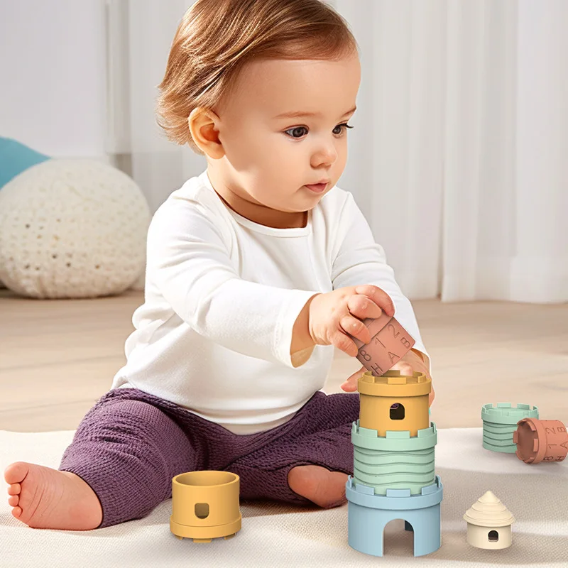 BPA Free Babies Teether Frog Silicone Geometry Stacking Toy Stacking Blocks Food Grade Children Sensory Educational Toy
