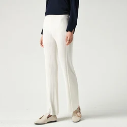 2021 Custom New Fashion Flare Wide White Ribbed Knit Pants long  100 % Pure Cashmere Warm Pants For Women
