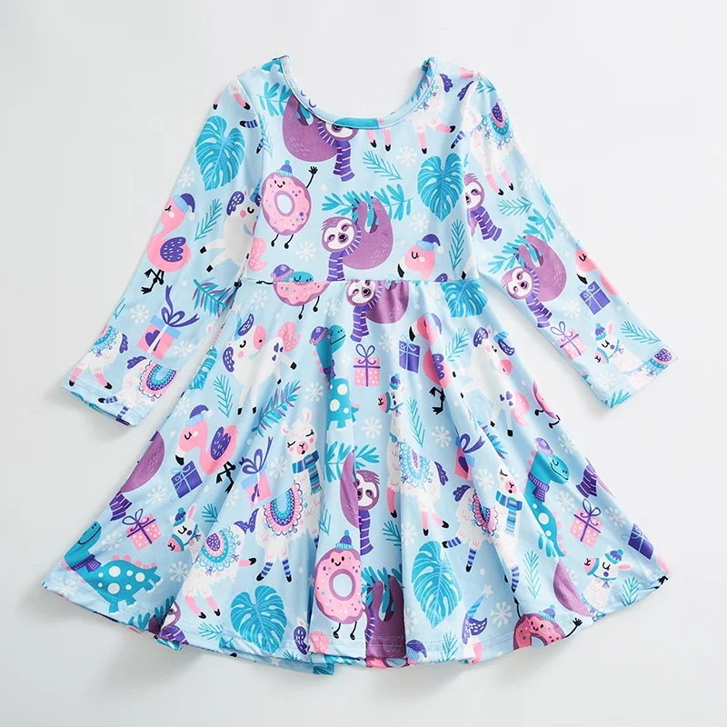 2022 sloth penguin panda lovely pattern long sleeve knee length boutique twirl dresses for baby girls