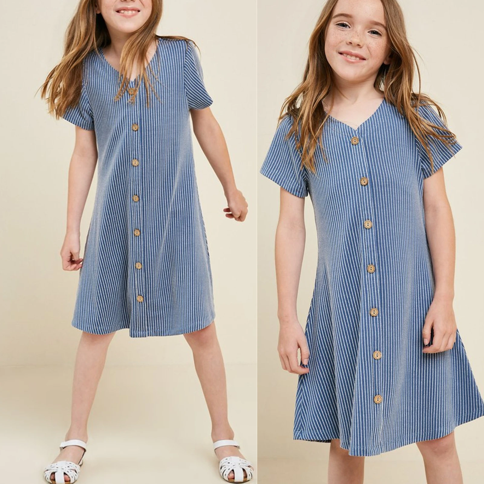 Custom Wholesale Kids Wear Vendor Designers Summer Children Girl Clothing Kids Clothes Girls Dress Button-Down Mini Dress