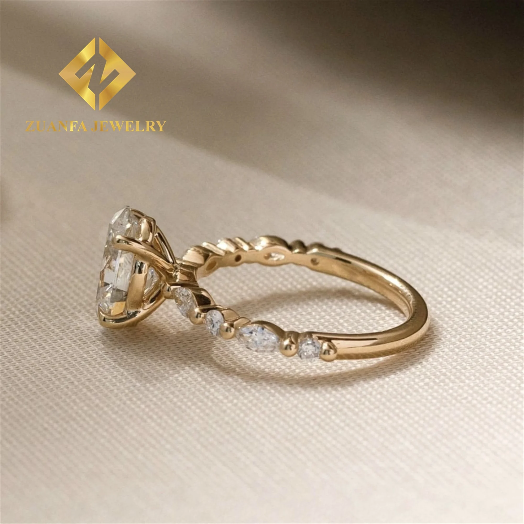 Luxury 14k Yellow Gold Boutique Bridal Wedding Jewelry Flawless Oval +Marquise Moissanite Diamond Engagement Wedding Band Ring