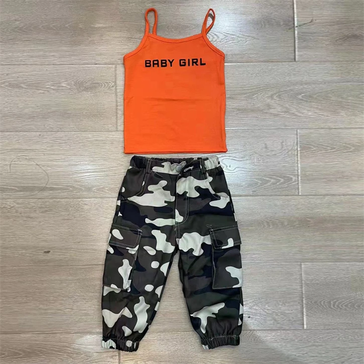 2023 new summer little girls clothing sets sexy letter print crop vest camouflage pant two piece toddler girl clothes set
