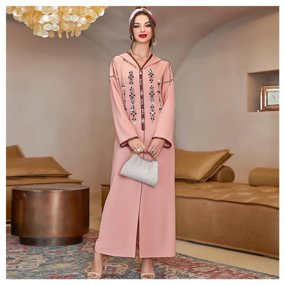 SIPO Muslim Stone Beads Modern Abayas Designs Hooded Dubai Dresses For Women Wide Cuff Front Slit Cut Long Modest Dress