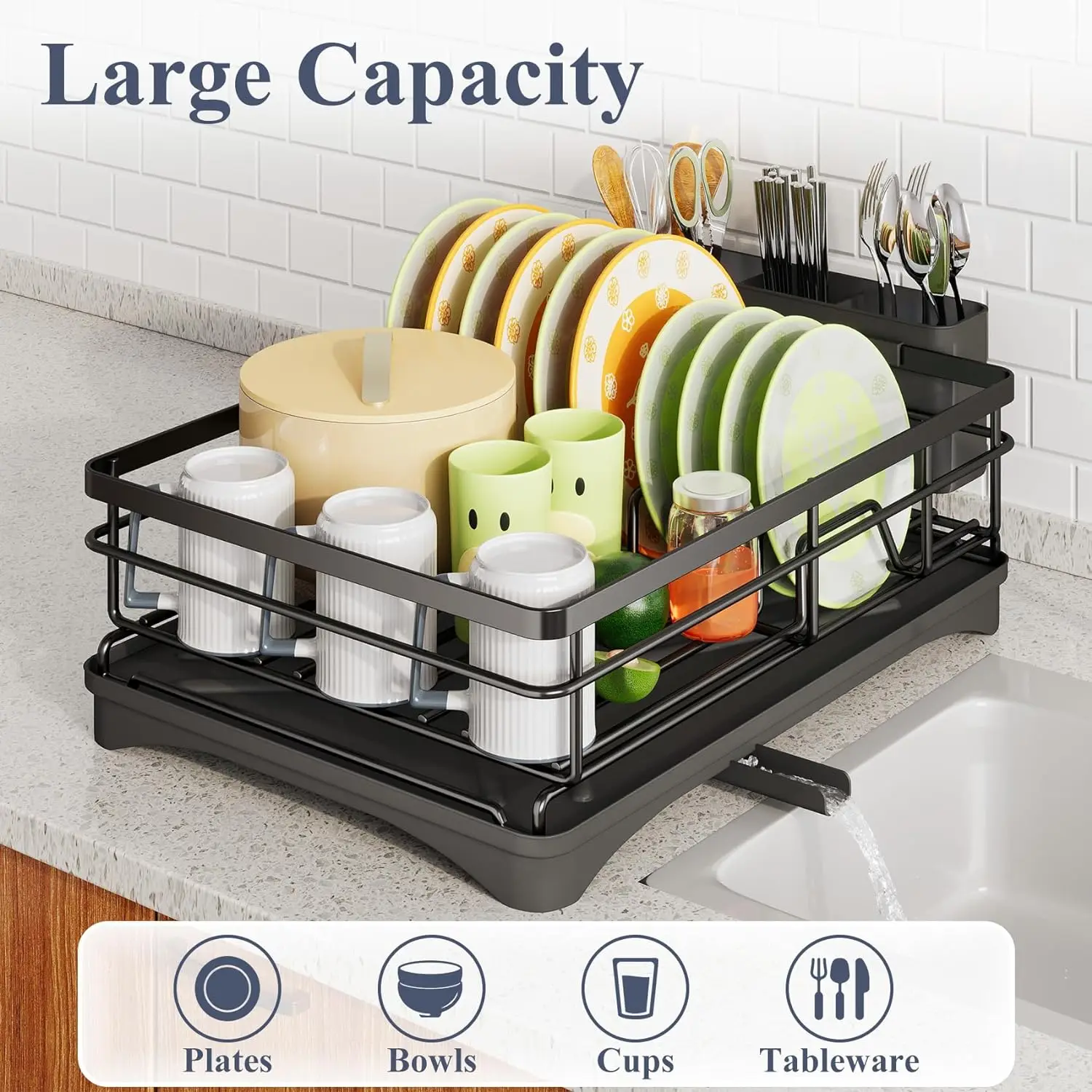 Stainless Steel Dish Drying Rack for Kitchen Counter Drainer with Cutlery Holder Organizer for Dishes Spoons Forks