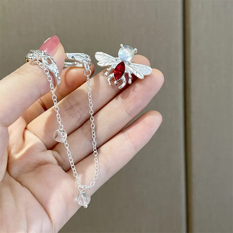 JUHU 2022 Cute Two-piece combination niche design small bee shape open ring simple pearl tassel alloy tide ring