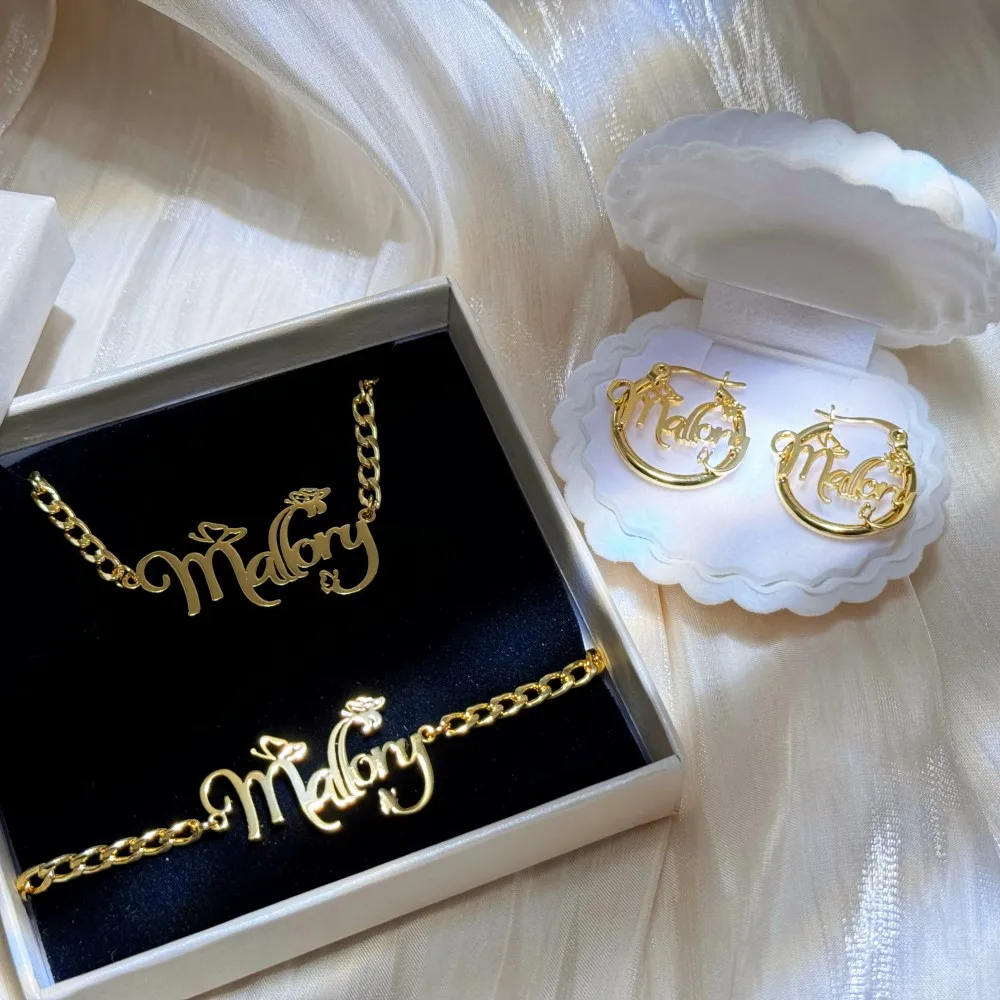 QIUHAN 3pcs Nameplate 20mm Hoop Earrings Letter Bracelet Jewelry Gift Kids Butterfly Custom Name Set