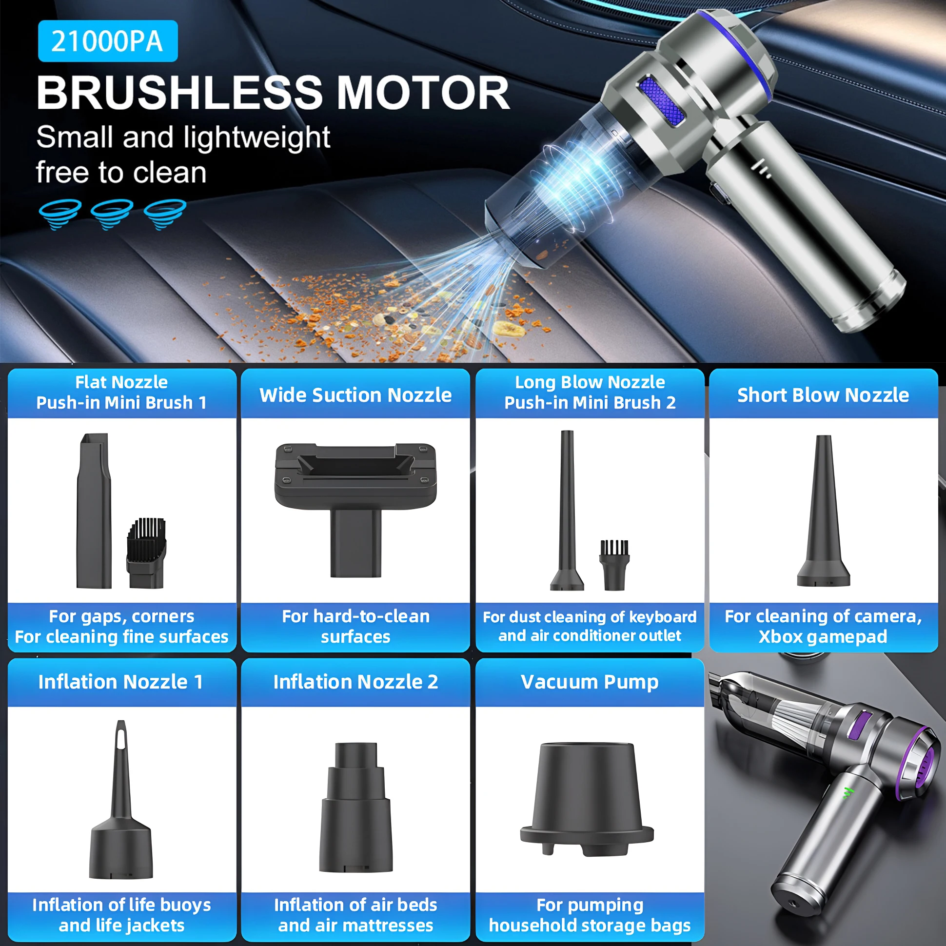 Auto Automotive Car Aspirator Interior Seat Cleaning Battery Power 4 in 1 15000Pa Portable Hand Held Vacuum Cleaner for Car