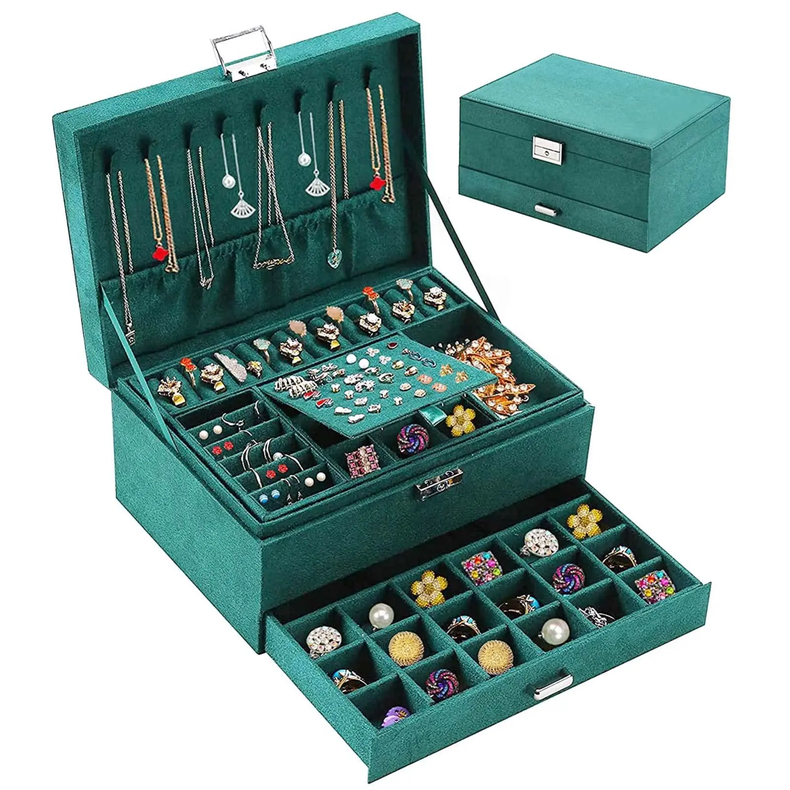 SANQIANWAN 2024 Two Layers Dark Green Luxury Jewelry Boxes Organizer with Lock Suede Velvet Portable Jewel Case