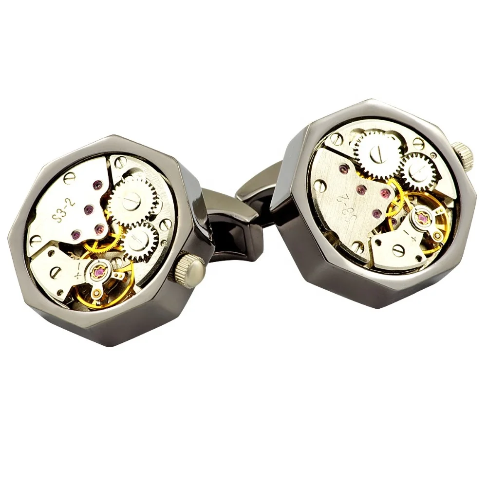 black plated design accessory cuff link Clock mechanism cufflink for men with mechanism watch cufflinks for businessmen