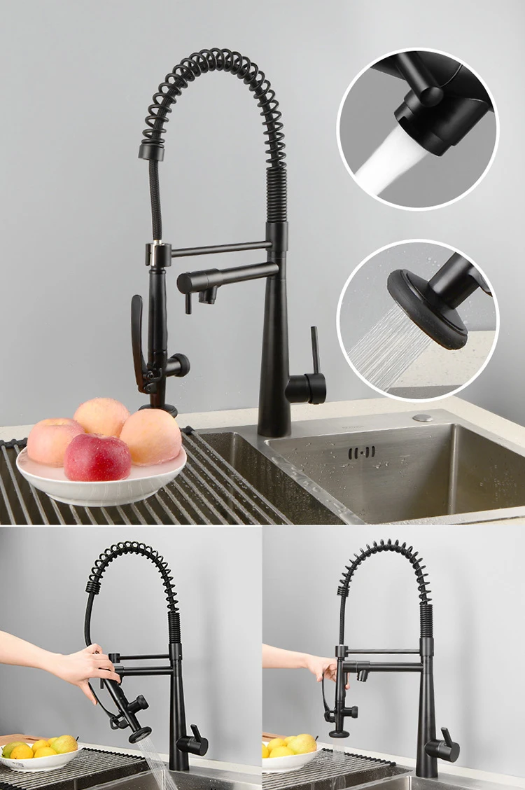 Kitchen Faucets Commercial Solid Brass Single Handle Single Lever Pull Down Sprayer Spring Kitchen Sink Faucet, Matte Black